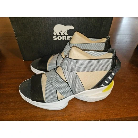 New Sorel Explorer Blitz Black White Strappy Sandals Women 6 New in box‎ - Picture 5 of 9